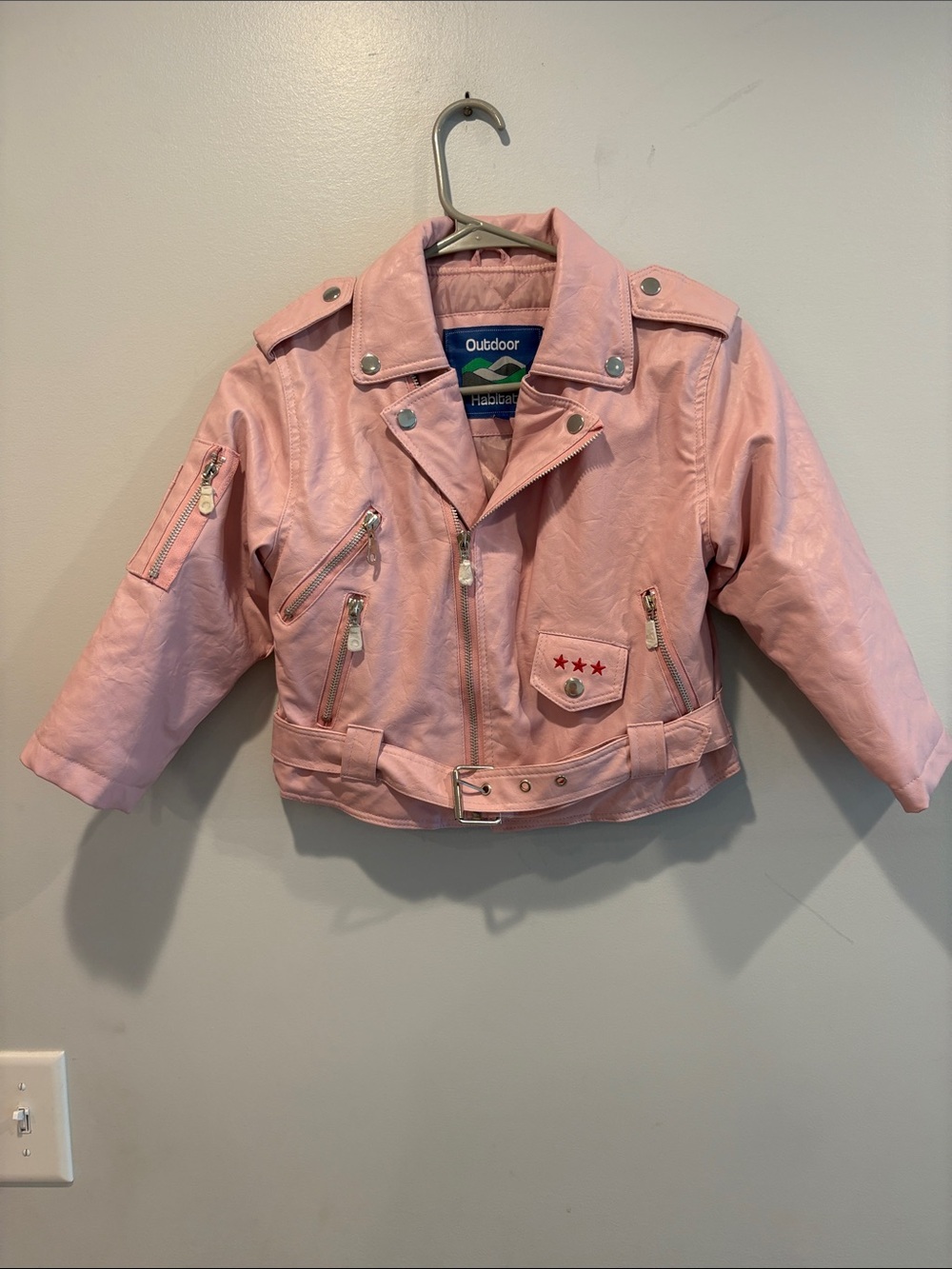 Girls' Pink Faux Leather Biker Jacket with Stars